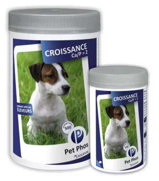 PET PHOS Ca/P=2 tablets -Dietary supplement with minerals and vitamins for growing puppies and puppies in the lactation period (adult weight under 25 kg) fed with homemade food.