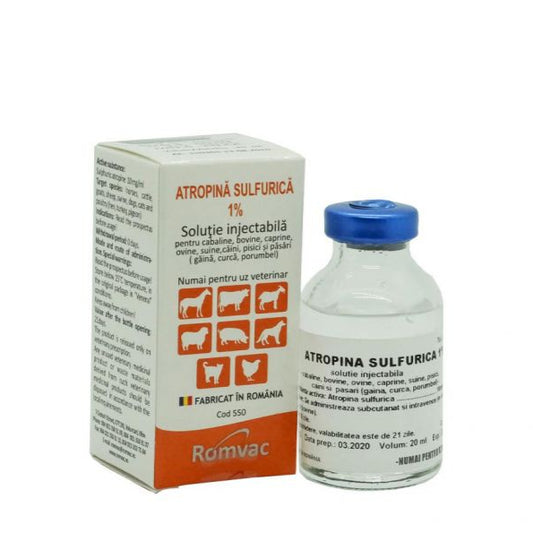 ATROPINĂ SULFURICĂ 1% 20ML // atropine sulfuric acid // Horses, cattle, sheep, goats, pigs, cats, dogs and birds (chicken, turkey, pigeon) / Cavalli, bovini, pecore, capre, maiali, gatti, cani e uccelli (pollo, tacchino, piccione)