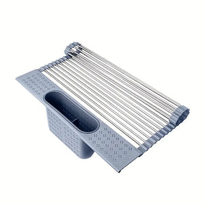 Roll-Up Over the Sink Stainless Steel Dish Drying Rack with Utensil Holder_4