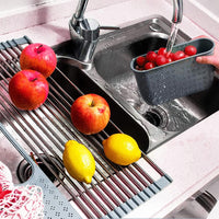 Roll-Up Over the Sink Stainless Steel Dish Drying Rack with Utensil Holder_6
