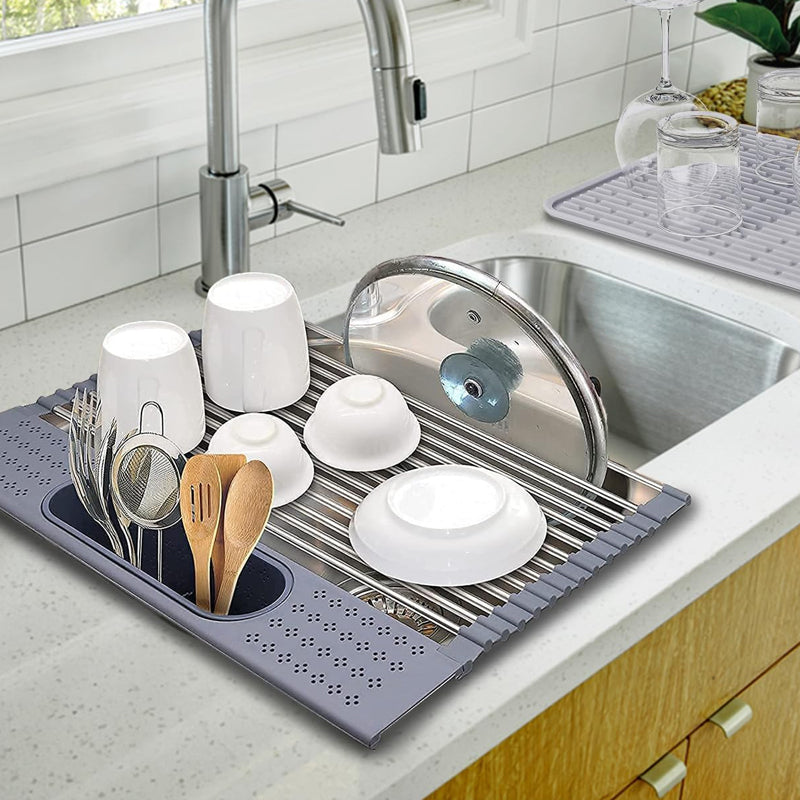 Roll-Up Over the Sink Stainless Steel Dish Drying Rack with Utensil Holder_7