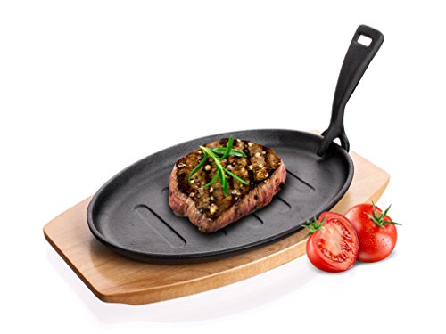 Banquet Cast Iron Skillet Sizzler Pan on Wooden Stand with Removable Handle, Black, 20 x 34 x 5.5 cm - Pet Shop Luna