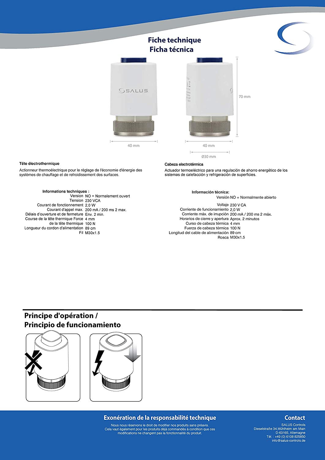 Salus T30NO230 Attuatore Termico 230V a Risparmio Energetico per Sistemi di Riscaldamento e Raffreddamento di Superficie, M30 x 1,5 - Pet Shop Luna