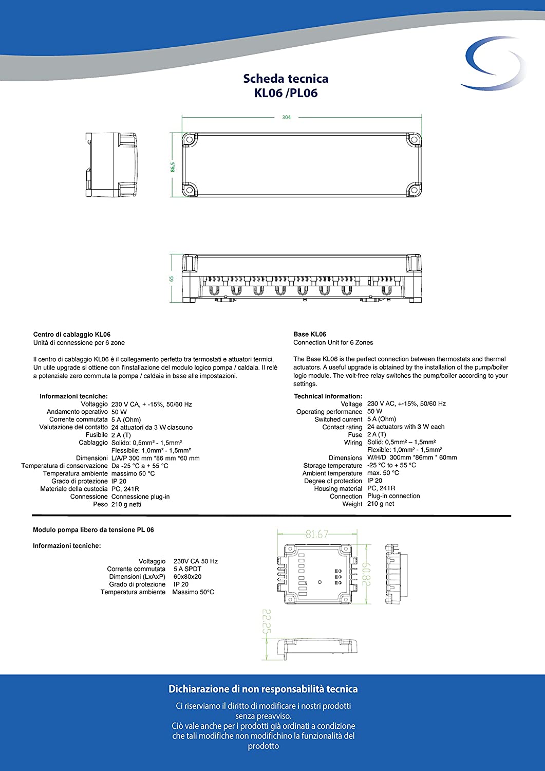 Salus KL06 Wiring Centre 230V for Underfloor Heating with Pump Module PL06, Terminal Strip for 6 Room Thermostats and 24 Actuators with Pump Control - Pet Shop Luna